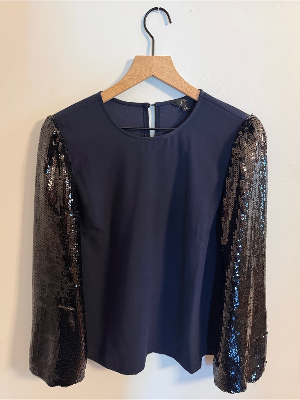 J Crew Sequin Balloon Sleeve Top - Navy with Black Sequins